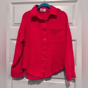 Jess Lea Button Down Shirt Blouse Pocket Gauze Red Collar Top Blouse Cotton Med